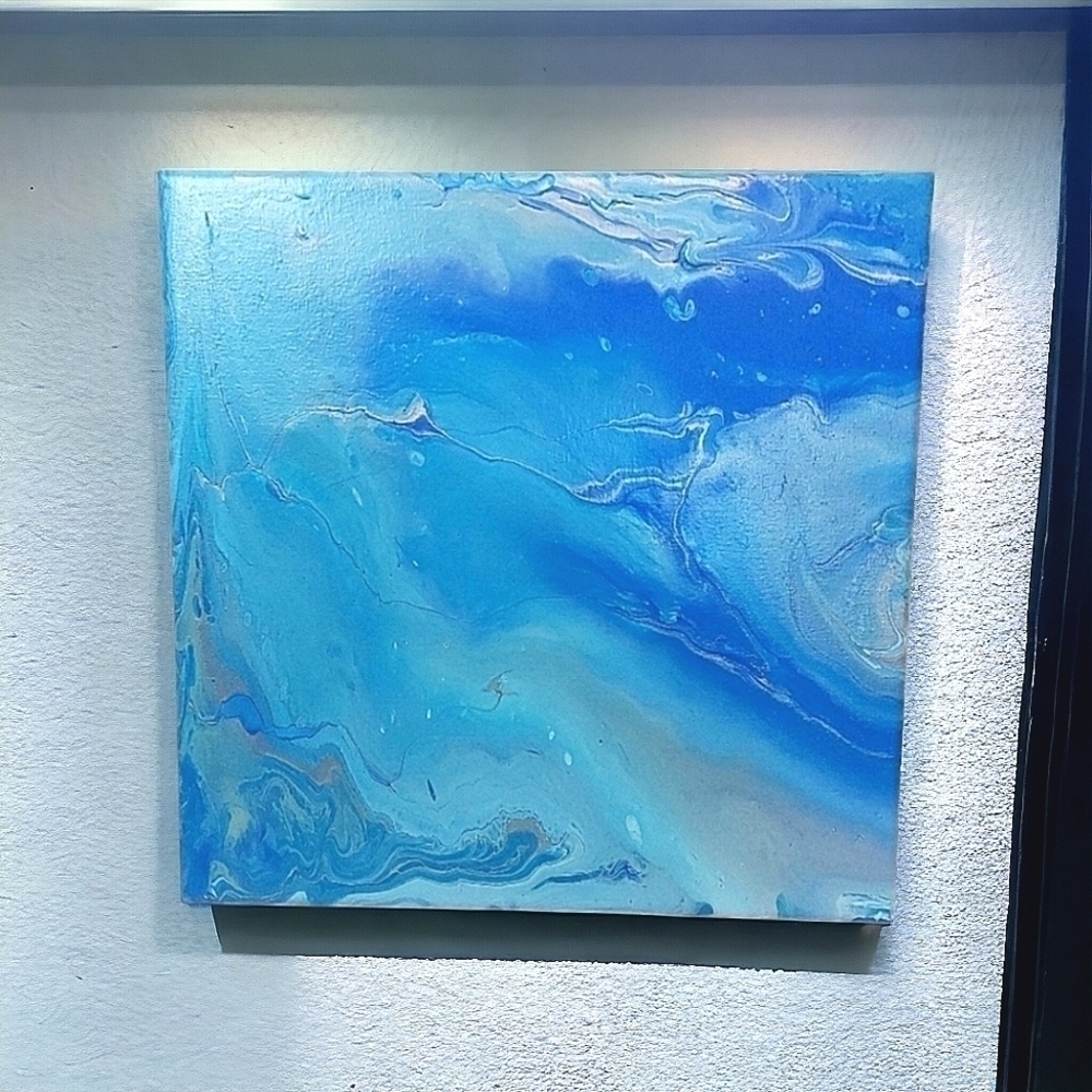 Handcrafted Blue Silver Pour Painting 12×12 Inches